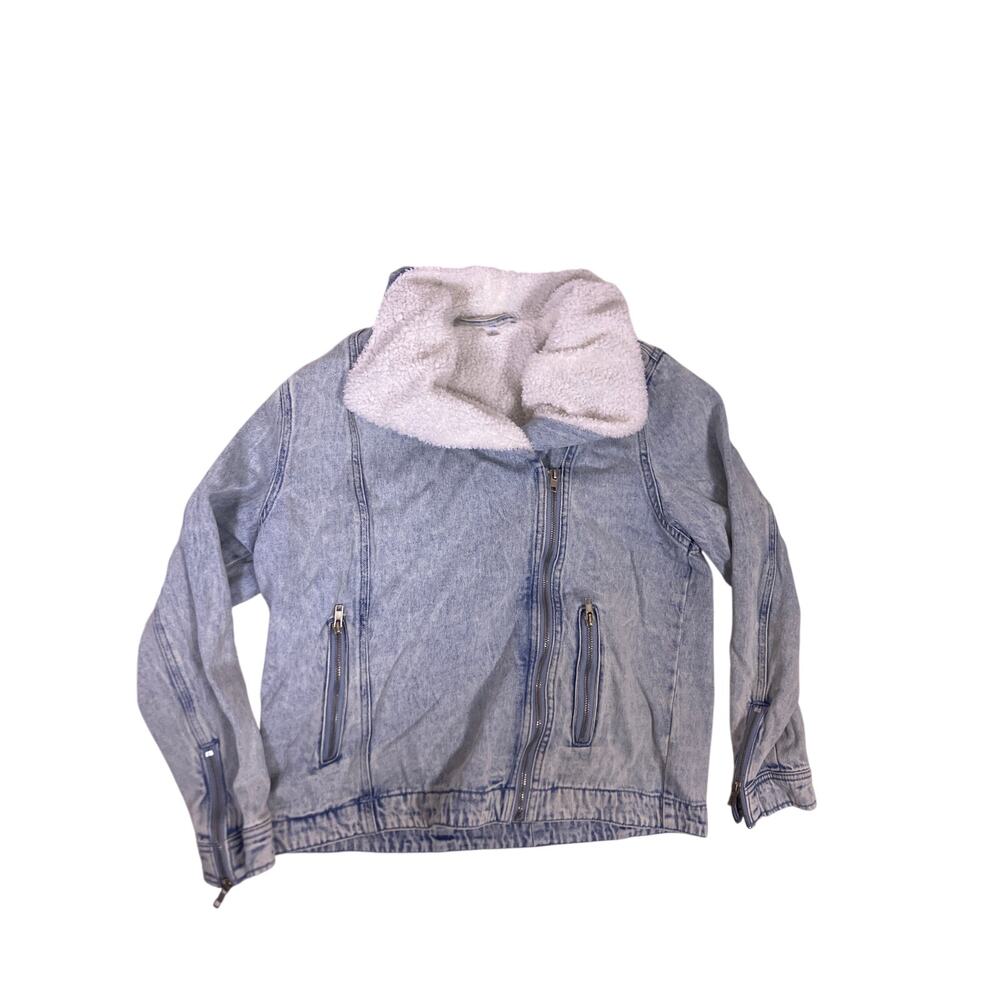 Womens XS Blue Sherpa Lined Jacket Diagonal Zipper Cozy Fleece  Winter Coat